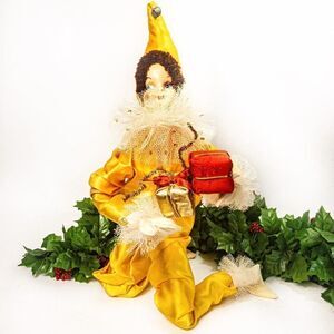 1950’s VTG Christmas Pixie Elf Doll Poseable Yellow Satin